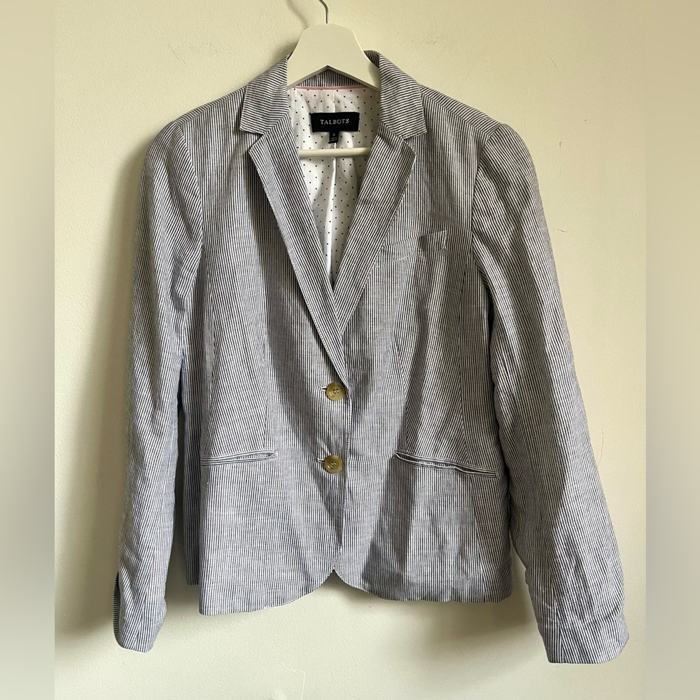 Talbots Linen Blend Pin Striped Blazer Jacket via Size 6 Blue Gray Nautical